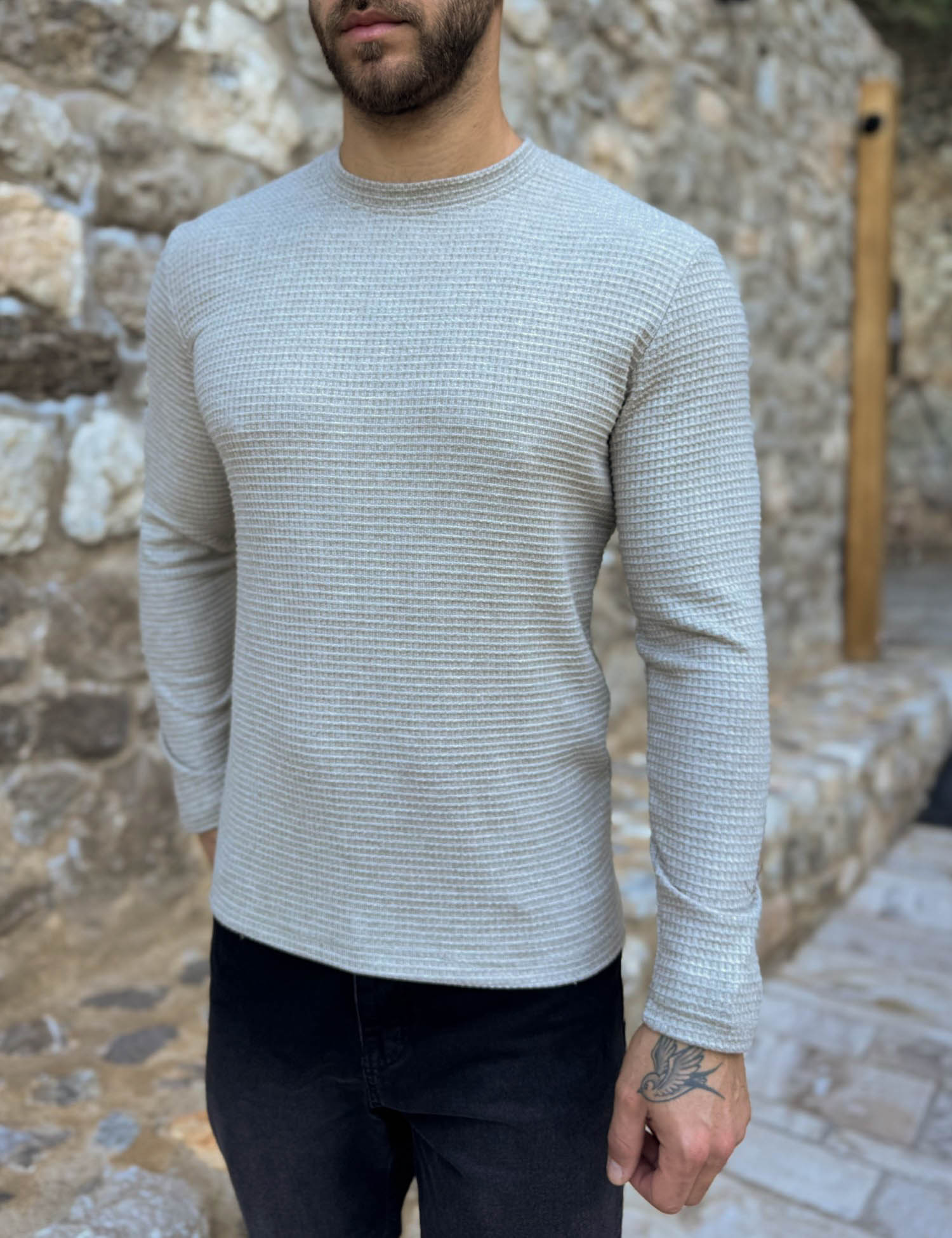 NDC ανδρική μπεζ μακρυμάνικη μπλούζα με ανάγλυφο ύφασμα 261124 φωτογραφία